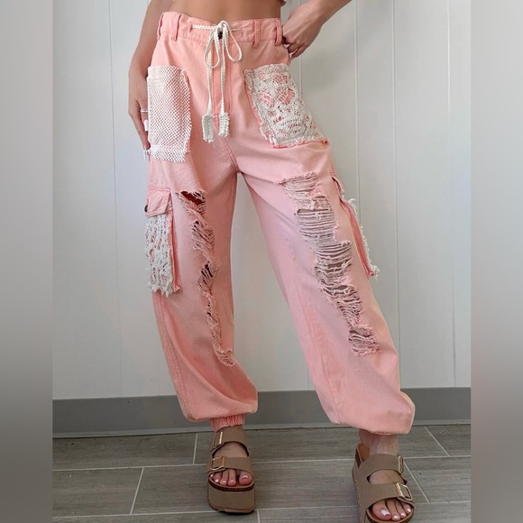 POL Clothing Peach Patchwork Crochet Lace Drawstring Distressed Jogger - Picture 3 of 10
